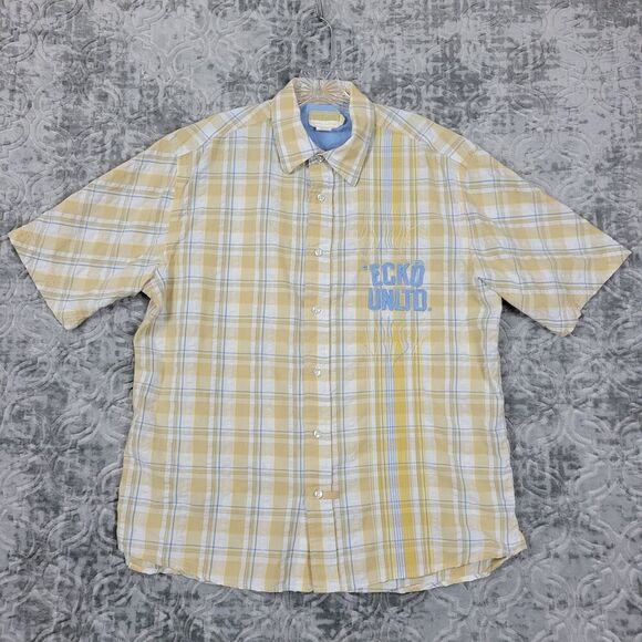 Ecko Unltd Shirt Mens Size Medium Yellow Button Up Plaid Short Sleeve Y2K - Picture 1 of 14